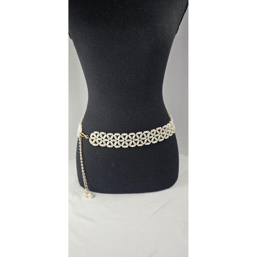 Vintage Faux‎ Pearl Floral Link Belt Gold Chain Adjustable Retro Glam Chic 26"